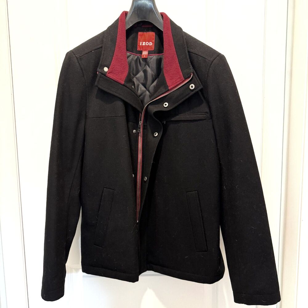 Men's Izod black wool-blend stand-collar jacket with insulated lining. Size M